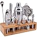 Highball & Chaser Premium Cocktail Shaker Bartender Kit with Natural Bamboo Stand. Beautiful Cobbler Cocktail Shaker Set with Bar Tools. Stainless Steel Bar Set with Stand