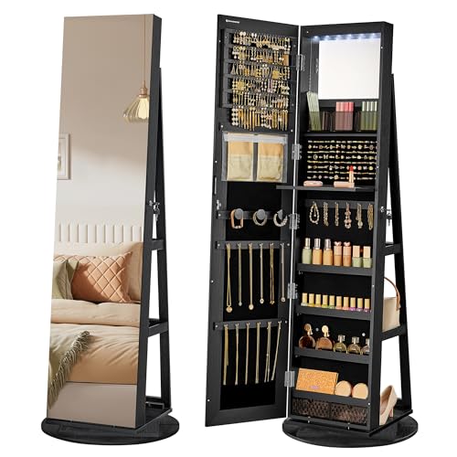 Photo 1 of ** FACTORY SEALED***SONGMICS 6 LEDs Lockable Mirror Jewelry Cabinet, 360° Swivel Jewelry Organizer Armoire Standing, Frameless Full-Length Mirror, 3 Storage Shelves, Christmas Gifts, Black Surface Black Lining

