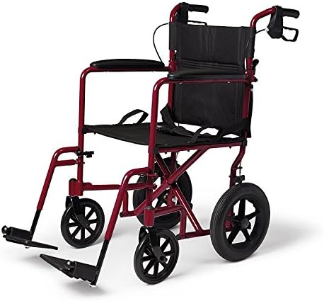 Caremax Folding Lightweight Transport Chair with Fixed Armrests, Swing Away Footrests, 12” Rear Wheels, Red, 19 Inches Seat Width