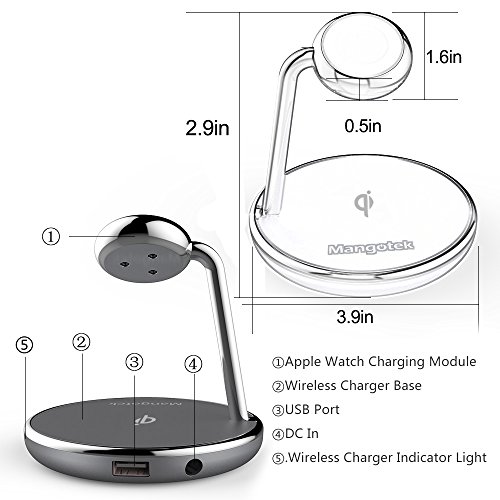 Mangotek iPhone X Wireless Charger Apple Watch Stand,Qi Fast Wireless Charging Docking Pad with iWatch Magnetic Charger Module and USB Port for iWatch,iPhone X/8,Samsung Galaxy 8,MFi Certificated