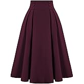 Belle Poque Women's Vintage High Waist Pleated Midi A-Line Skirt with Pockets