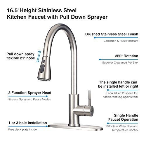 Kitchen Faucet with Sprayer MSTJRY Kitchen Sink Faucet with Sprayer Stainless Steel Faucets for Kitchen Sinks Pull Down Kitchen Faucet Single Handle 16.5”
