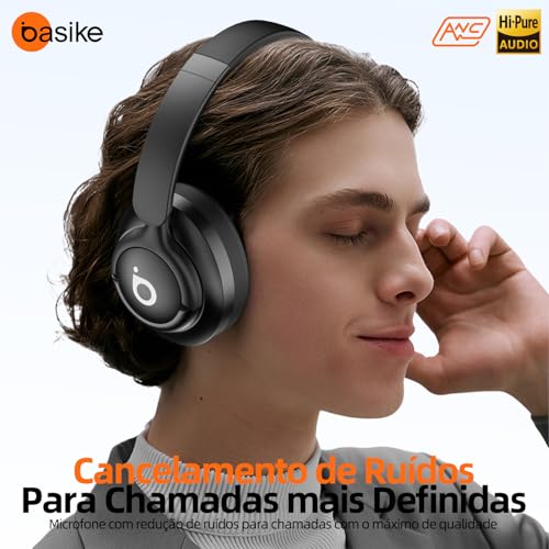 Basike Fone de Ouvido Bluetooth 5.4, ANC Cancelamento de Ruído Ativo Headphone com Microfone, Certificação Hi-Pure Audio, 30h Bateria, LE29 (Preto)