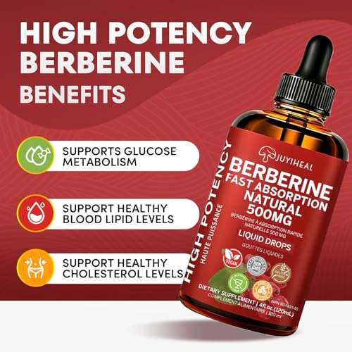 JUYIHEAL Berberine Supplements, 500mg Berberine HCL for Healthy Lipid (Fat) & Glucose Metabolism, Pure, Vegan, Alcohol & Sugar Free Berberine Drops - 120ML Liquid