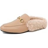 Tanaoen Fur Mules for Women Chain Leather Low Heel Mule Fluffy Comfort Loafers Casual Slip-on Flat Shoes