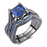 Caperci Black Sterling Silver 925 Princess-Cut Created Blue Sapphire Solitaire Wedding Engagement Ring Set Size 7