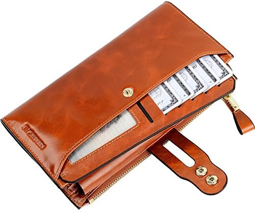 IVESIGN Women's Genuine Leather Wallet RFID Blocking Large Capacity with Zipper Pocket (Brown)