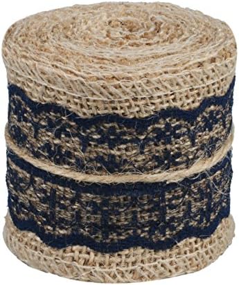vLoveLife Natural Burlap Craft Ribbon Roll with Dark Navy Lace DIY Handmade Christmas Wedding Crafts Lace Linen - 2.4" x 80"