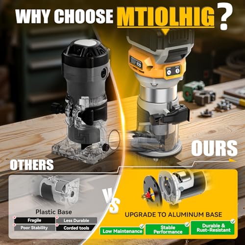 MtiolHig 30,000 RPM Compact Router compatible with DeWalt 20V, 6 Variable Speeds Cordless Router Tool for Woodworking, 800W Fixed Base Wood Router with Trim Router Bits, Edge & Roller Guide, Tool Only