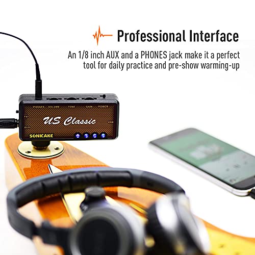 SONICAKE Guitar Headphone Amp Mini Guitar Headphone Amplifier US Classic Rechargeable Pocket