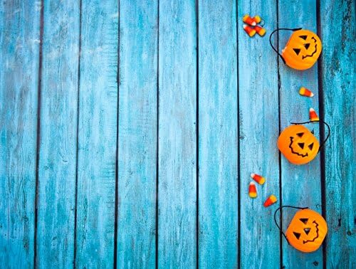 L2G 7X5ft (220cmX150cm)Halloween Backdrops Pumpkin Lights Blue Wood Background for Children Photography