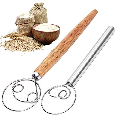 Danish Dough Whisk, 13 inch Stainless Steel & Wooden Danish Whisk Bread