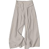 Gihuo Women' s Culottes Linen Blend Wide Leg Pants Elastic Waist Casual Palazzo Trousers with Pockets Capris