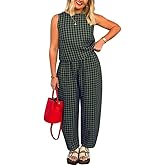 Melliflo Gingham Sets Women 2 Piece Outfits Sleeveless Plaid Loungewear Checkered Crop Tanks and Pant Sets with Pockets