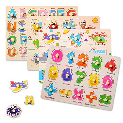 Wooden Peg Puzzles for Toddlers 2 3 4 Years Old,Toddler Puzzles Insect,Vehicles, Letters and Numbers,Educational Wood Preschool Toys for Boys and Girls,Knob Puzzles for Toddlers（4 Pack） - Thumbnail 5