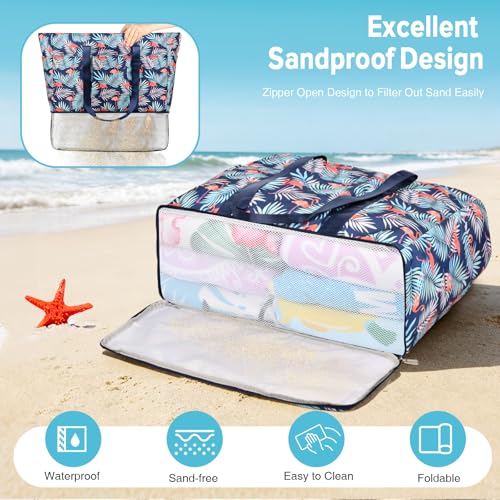 LUROON Large Women's Shoulder Bag, Corduroy Tote Bag with Zipper and Various Pockets University Bag Work Bag for Work Beach Travel School, Navy Blue Flamingos