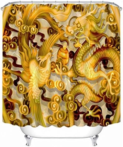 CCYYJJ Shower Curtain Polyester 3D Golden Dragon &amp; Phoenix Trois Dimensions Space Visual Print Digital Seal Resistant To Mold Decoration Room 165180 Cm, Curtains Bathroom Bathtub Switched Off