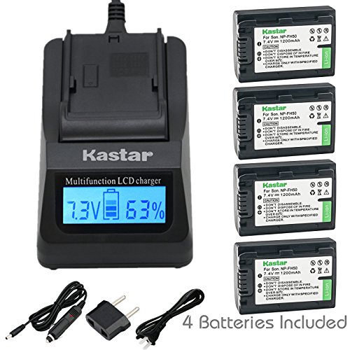 Kastar Fast Charger Kit and Battery NP-FH50 (4-Pack) for Sony DSLR-A230 DSLR-A330 DSLR-A290 DSLR-A380 DSLR-A390 HDR-TG1E HDR-TG3 HDR-TG5/5V HDR-TG7 DSC-HX1 DSC-HX200 DSC-HX100V DCR-SX41/SX41L/SX41R