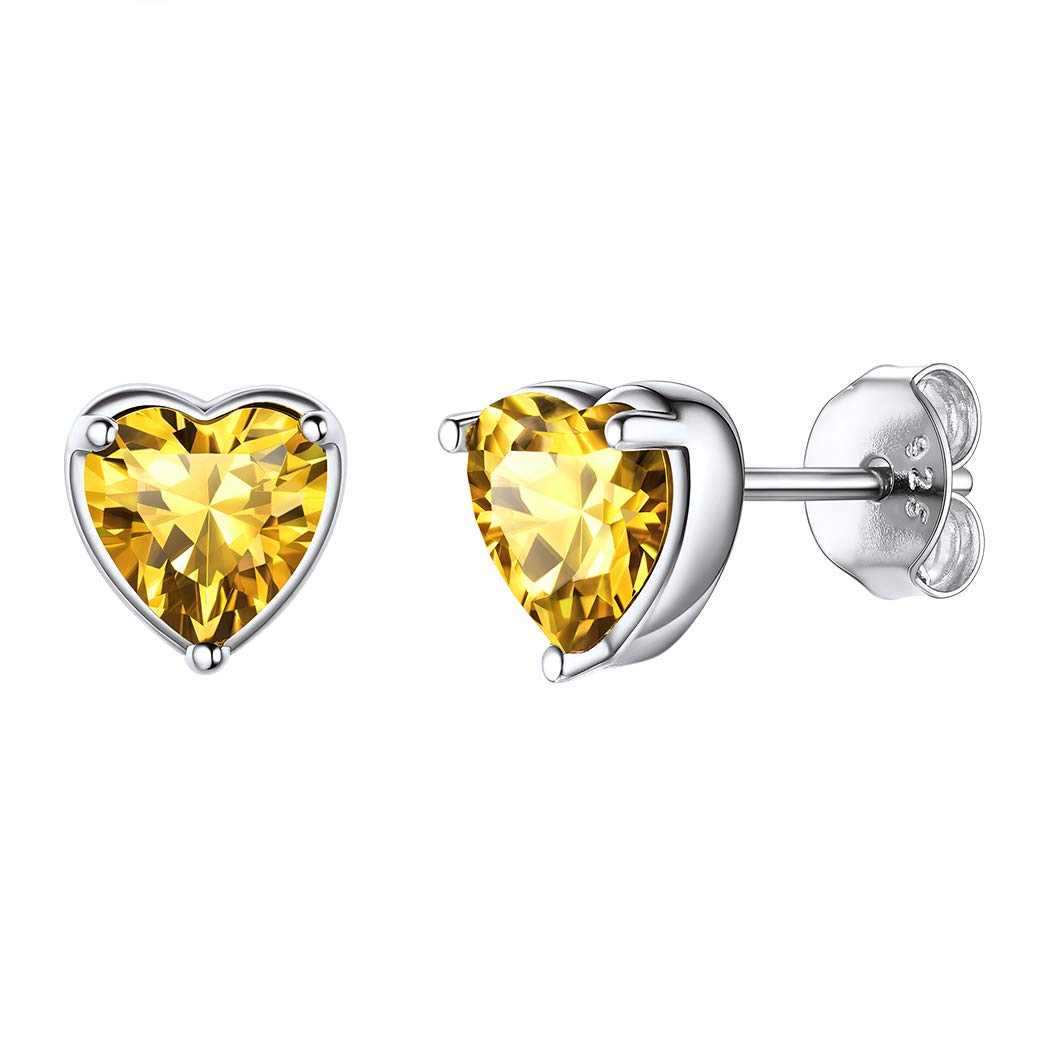 Suplight 925 Sterling Silver Citrine Crystal Earrings, Womens Stud Earrings Hypoallergenic, Dainty Cute Heart Shaped November Birthstone Earrings for Girls Women