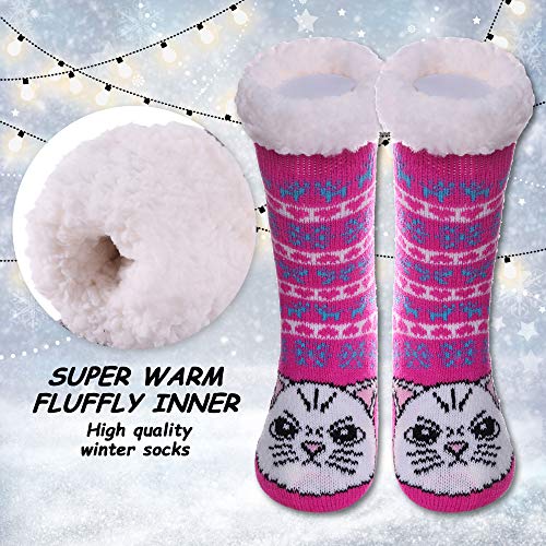 LANLEO Boys Girls Cute Animal Slipper Socks Fuzzy Soft Warm Thick Fleece Lined Winter Socks Kids Toddlers Christmas Stockings Cat,5-8 Year Old