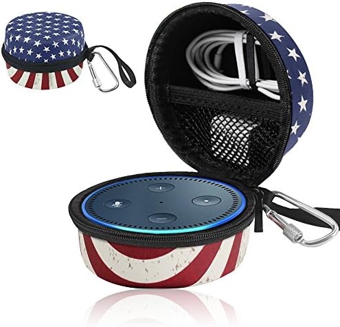 Travel Portable Carrying Protective Hard Case Box Pouch for Amazon All-New Echo Dot(2nd Generation) with Carabiner(Fits USB Cable and Wall Charger) (US Flag)