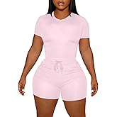 LovelyWholesale Women's Summer 2 Piece Outfits Skinny Shorts Tracksuit Sets