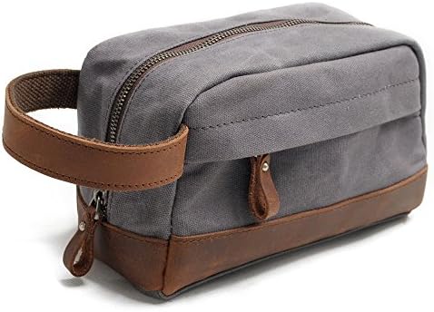 Travables Classic Waterproof Canvas Leather Toiletry Bag for Shaving Kit Makeup (Dark Gray)