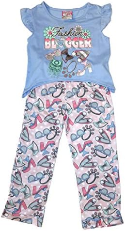 Girls' 2 Piece Screen Print Short Sleeve Top and Long Pant Pajama Powder Blue Size 4