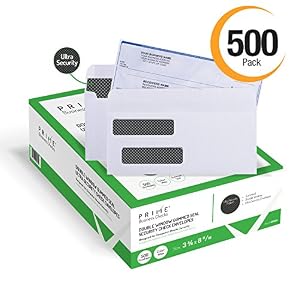 Image of Prime Business Checks Double Window Security Tinted Envelopes for Business Checks, QuickBooks, Laser Checks, 24 lb, 3-5/8 x 8-11/16-Inches, 500 Envelopes (PB-91663-500)