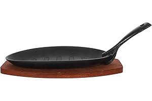 TOYANDONA Cast Iron Griddle Pan with Wooden Tray 9 Inch Cooking Plate for Teppanyaki and Steak Serving
