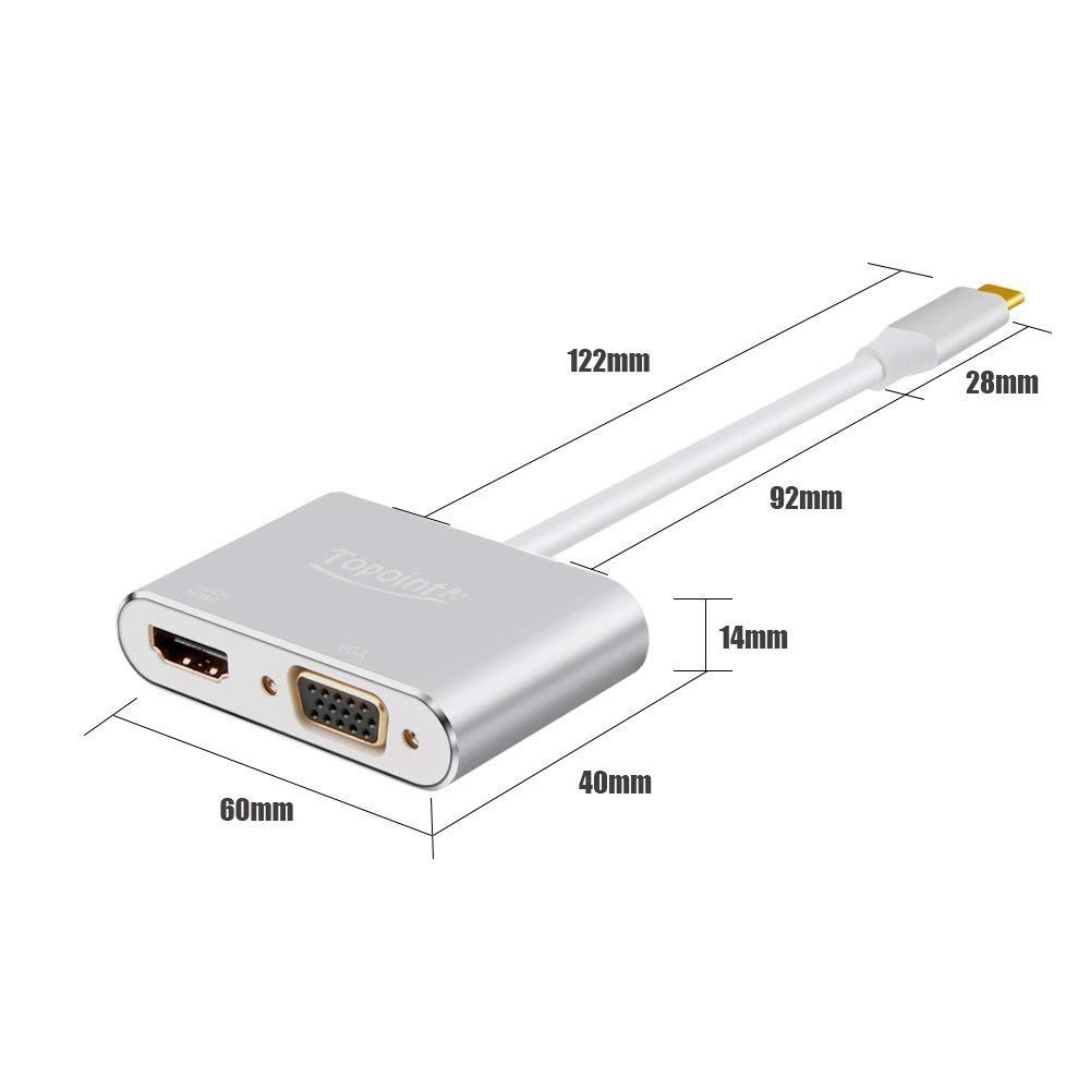 USB C to HDMI VGA Adapter, Topoint 2 in 1 USB 3.1 Type C to VGA HDMI 4K UHD Converter Adaptor Dual screen display with Aluminium Case for 2017/2016 MacBook Pro/Chromebook Pixel/Samsung Galaxy S8 S8+