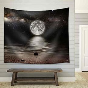 Month on a Background Star Sky Reflected in The Sea - Fabric Wall Tapestry Home Decor - 51x60 inches