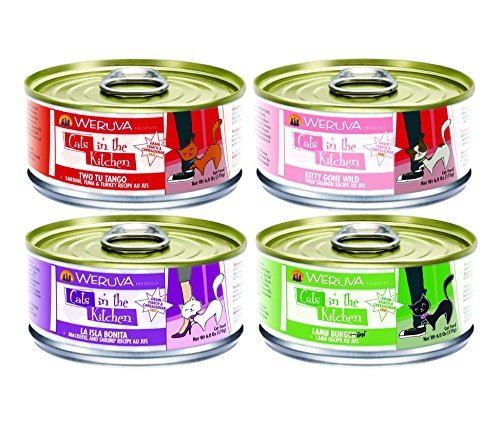 Weruva Cats in the Kitchen Canned Cat Food Mixed 6 oz x 12 cans with 4 Flavors – Two Tu Tango, Kitty Gone Wild, La Isla Bonita, and Lamb Burgini