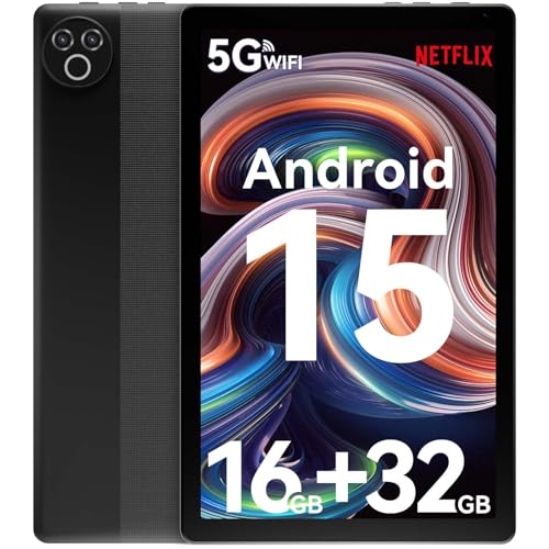 Tablet 10 Inch Android 15 OS GMS Certified Tablets PC 1.8 GHz 5-Core 16 (3+13) GB RAM 32 GB ROM 1 TB Expandable 1280x800 HD IPS Touch Screen 5000 mAh WiFi 6 Bluetooth 5.4 Dual Camera 2025 (Black)