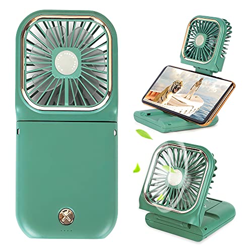 Portable Mini Fan - 5 in 1 with Phone Holder, Desk Fan, USB Rechargeable, 3000 mAh Power Bank, 3 Speed Adjustable, Neck Lanyard, Green