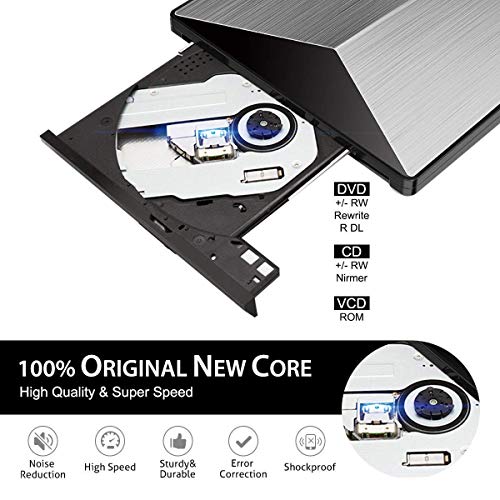 Snorain External CD/DVD Drive,USB 3.0 DVD +/-RW Superdrive CD Burner with High Speed Data Transfer Compatible for MacBook Laptop Desktop PC Windows10 /8/7 /XP Linux Mac OS (Silver) - Thumbnail 2