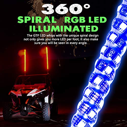 GTP 5ft Spiral LED Whip Lights 360° Twisted 20 Color RGB - 21 Modes Lighted Whips Antenna W/Flag for UTV ATV Polaris RZR Quad Off Road Jeep Can-am Maverick Yamaha Sand Dune Buggy 4X4 - Thumbnail 3