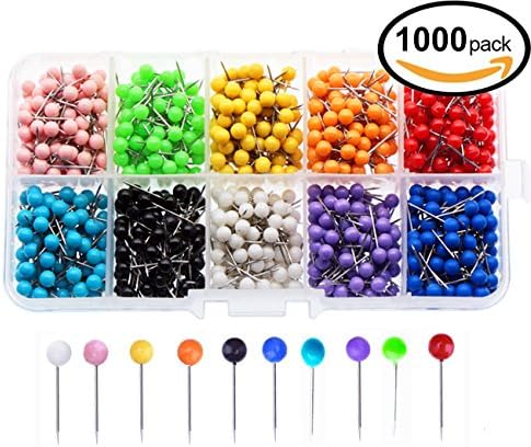 Waykino 1000PCS Multi-Color Push Pins Map Tacks, 1/8 inch Plastic Round Head with Stainless Point,10 Colors(Each Color 100 PCS)