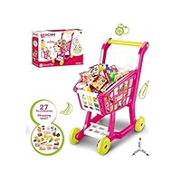 NBD Corp Kids Shopping Cart for Toy Groceries, Pink Portable Cart with 27 Pieces of Fruits, Vegetables, Food, Pretend Play Toy Grocery Cart