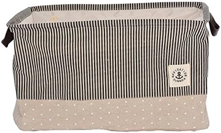 YINGMO Vertically Blue Striped and White Dotted Dustproof Cotton-Linen Blended Fabric Storage Basket Classic Folding Storage Box with Handles and Drawstring (About 18x13x11 Inches)