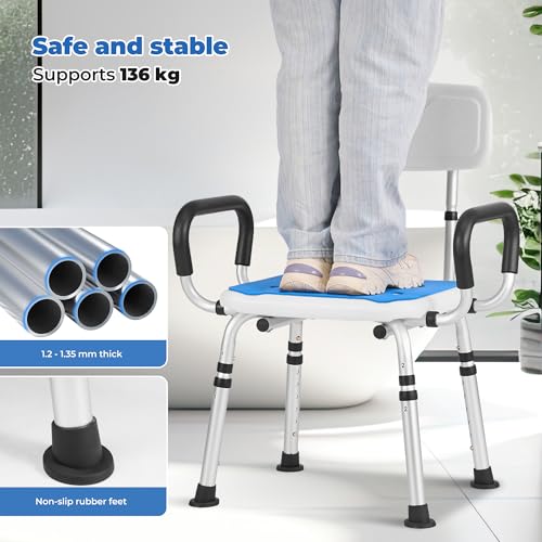 Careboda Shower Stool for Seniors, Shower Chair with Armrests and Backrest, Bathroom Stool 136 kg, Height Adjustable, up to 136 kg, Bath Chair for Seniors