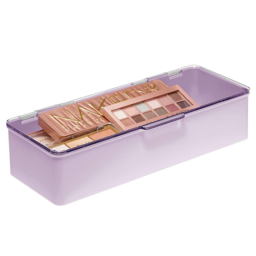 mDesign Wide Makeup Storage Organizer Box for Bathroom Vanity, Countertops, Drawers - Holds Blenders, Eyeshadow Palettes, Lipstick, Lip Gloss, Makeup Brushes - Hinged Lid - Light Purple/Clear