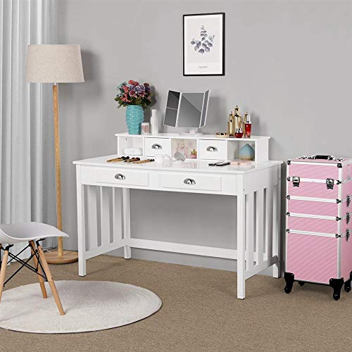 go2buy White Wooden Writing Desk Student Table with 4 Drawers, 2-Tier Home Office Computer Desk, Spacious Workstation Writing Study Table - Thumbnail 5