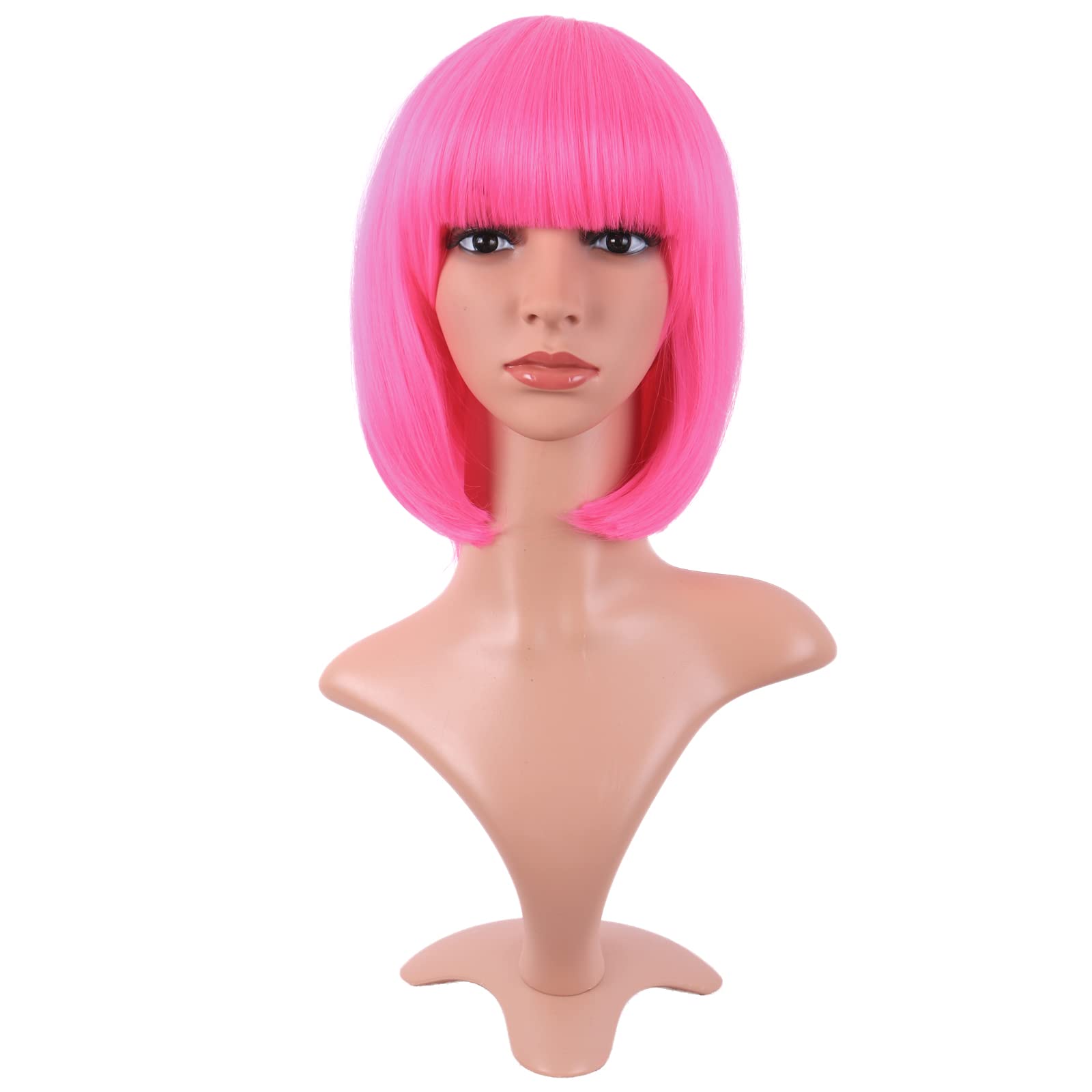 MapofBeauty 12 Inch /30 cm Fashion Lady Short Straight Synthetic Flat Bangs Bob Wig (Neon Pink) — image 1