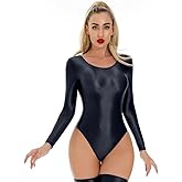 XSDZSWQY Long Sleeve Bodysuit for Women Oil Glossy Leotard Shapewear One Piece Jumpsuits Cosplay Costume Party Clubwear