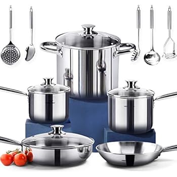 HOMI CHEF 14-Piece Nickel Free Stainless Steel Cookware Set - Nickel Free Stainless Steel Pots and Pans Set - Stainless Steel Non-Toxic Cookware Set - Stainless Steel Healthy Induction Cookware Sets