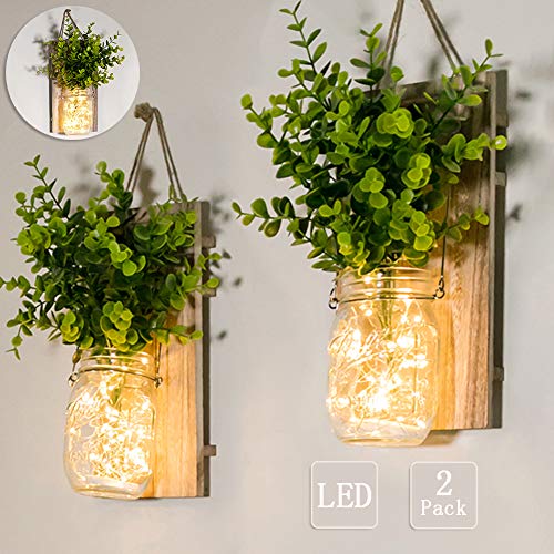 Rustic Wall Sconces, Mason Jar Sconces, Farmhouse Home Decor, LED Fairy Lights, Green Fake Plant, Interior Decoration Warm Toned Lighting. (2 Pack) - Thumbnail 7