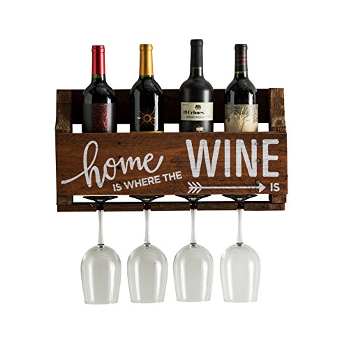 The Little Elm Wine Rack w/Quote 'Home is Where the Wine is', del Hutson Designs - USA Handmade Reclaimed Wood, Wall Mounted, 4 Bottle 4 Long Stem Glass Holder (Walnut) - Thumbnail 3