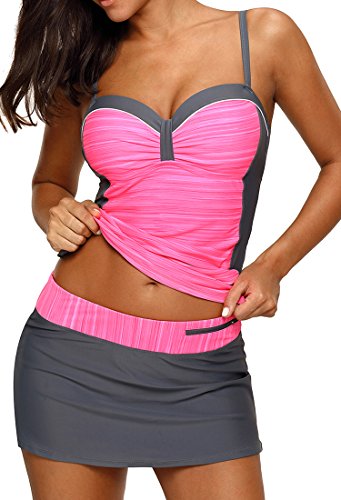 Aleumdr Womens Bathing Suit 2018 Tankini Swimsuit V Neck Color Block Two Pieces Swimming Suits Padded Beachwear With Panty Skirt Large Rosy Red