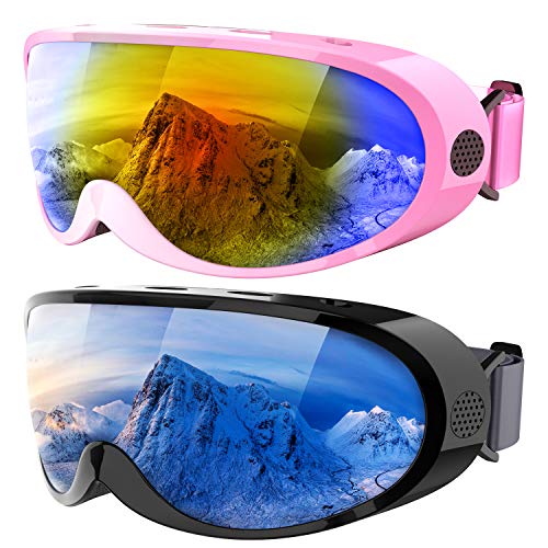 Zollen Ski Goggles, Snowboard Goggles for Kids, Boys, Girls, Youth, Men & Women, Anti-Fog Snow Goggles, Anti-Glare Lenses, 2 Packs, Black & Pink/White